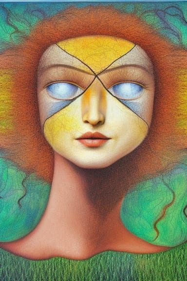 Woman Plants Sun in Warped Forest Landscape