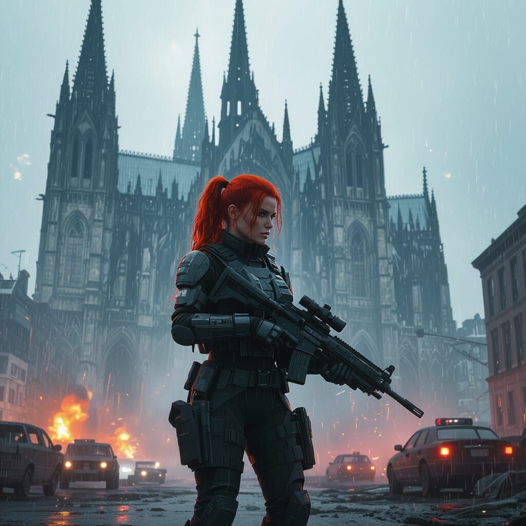 Futuristic Soldier Guarding Gothic Cathedral in Cinematic St...