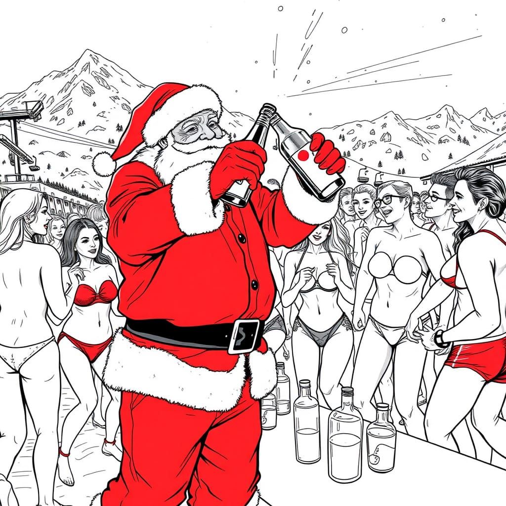Santa Celebrates at Après-Ski Party in Line Drawing Style