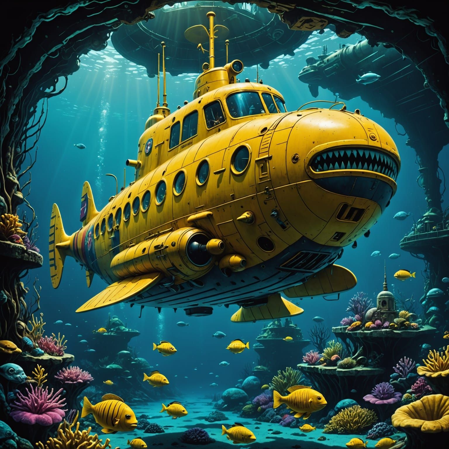 Yellow Submarine Underwater in Cinematic Digital Art