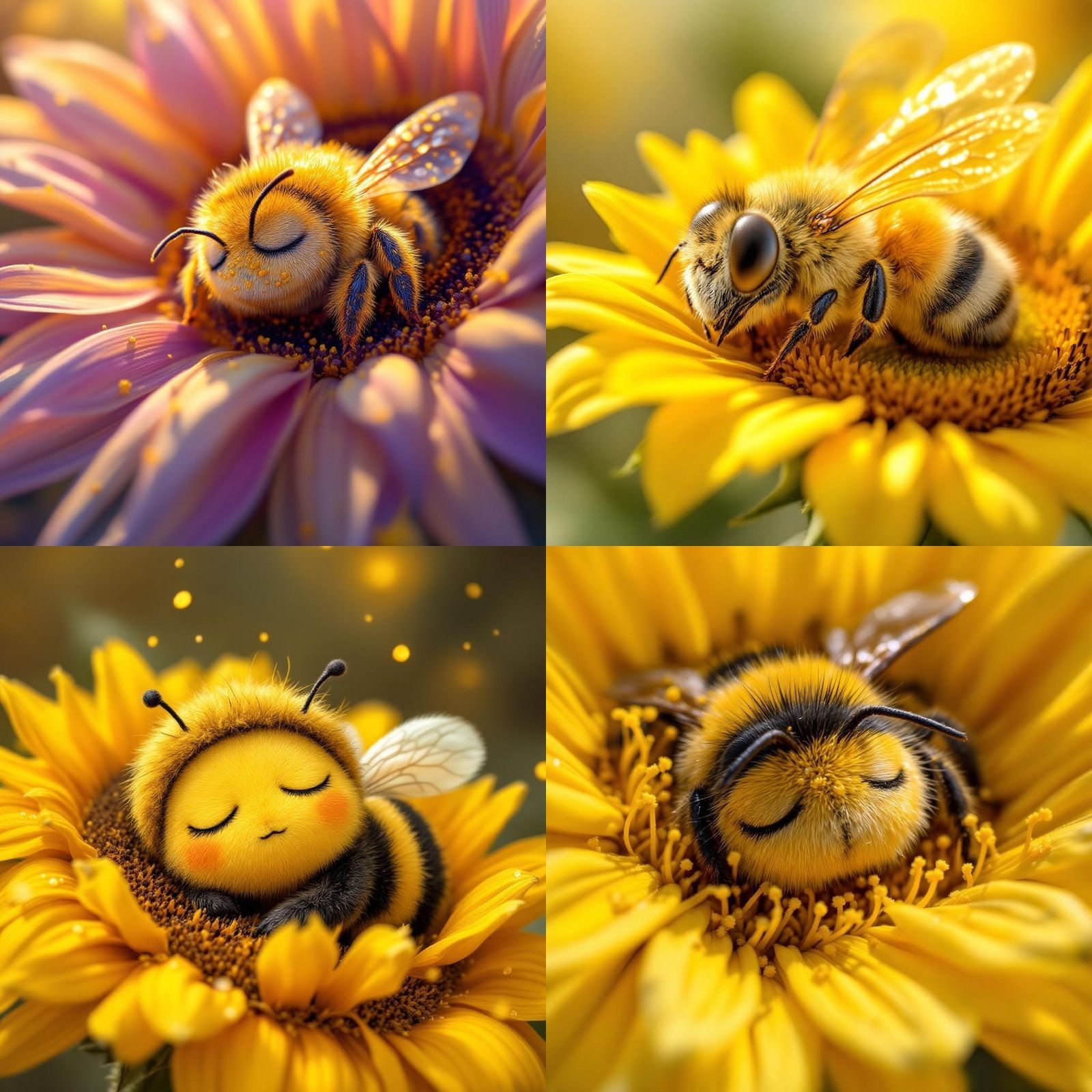 Sleeping Bee in Sunflower, Macro View