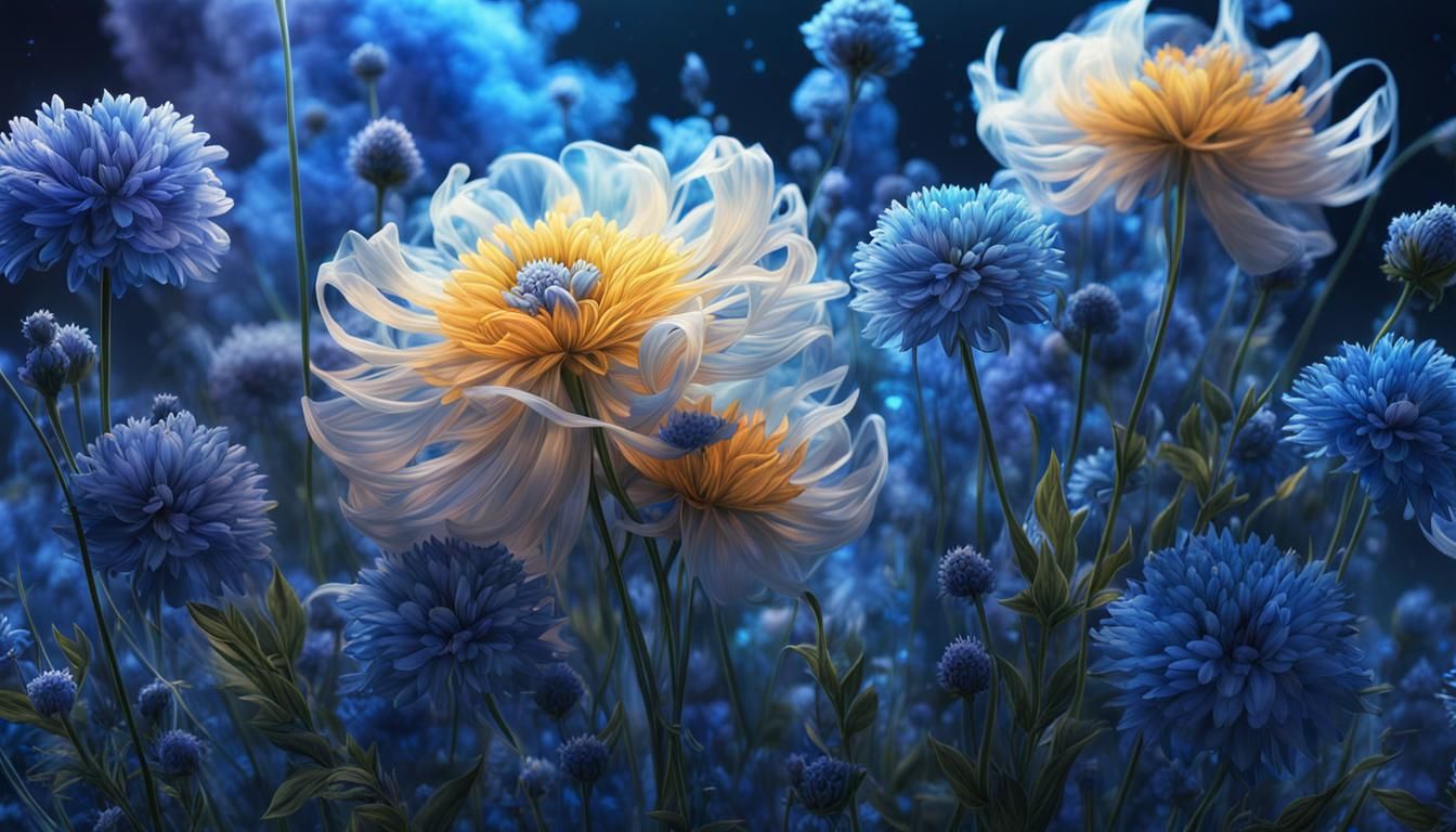 Blue Celestial Bouquet of Flowers in Cosmic Splash Art