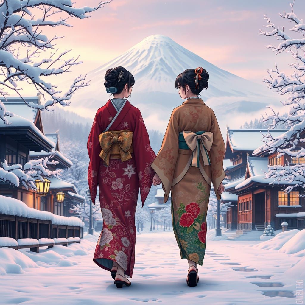 Traditional Anime Women Walking in Snowy Japanese Town at Mo...