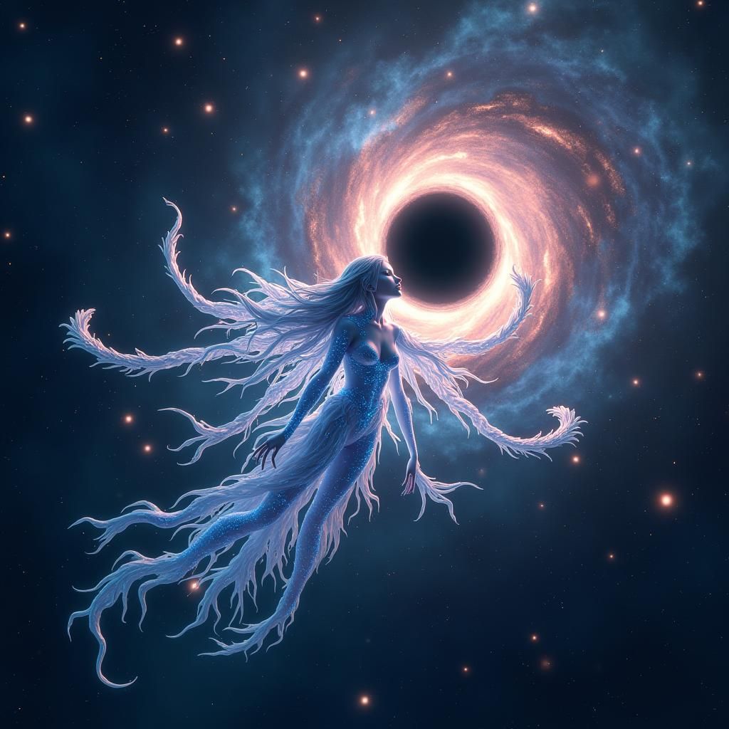 Ethereal Being Gazes at Swirling Black Hole: 3D Anime Art