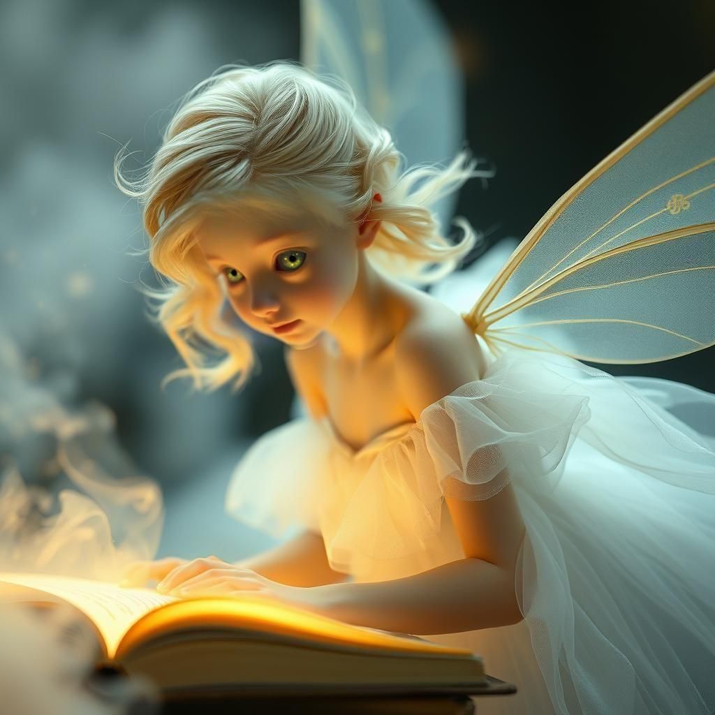 Blond Fairy with Magical Book in Clouds
