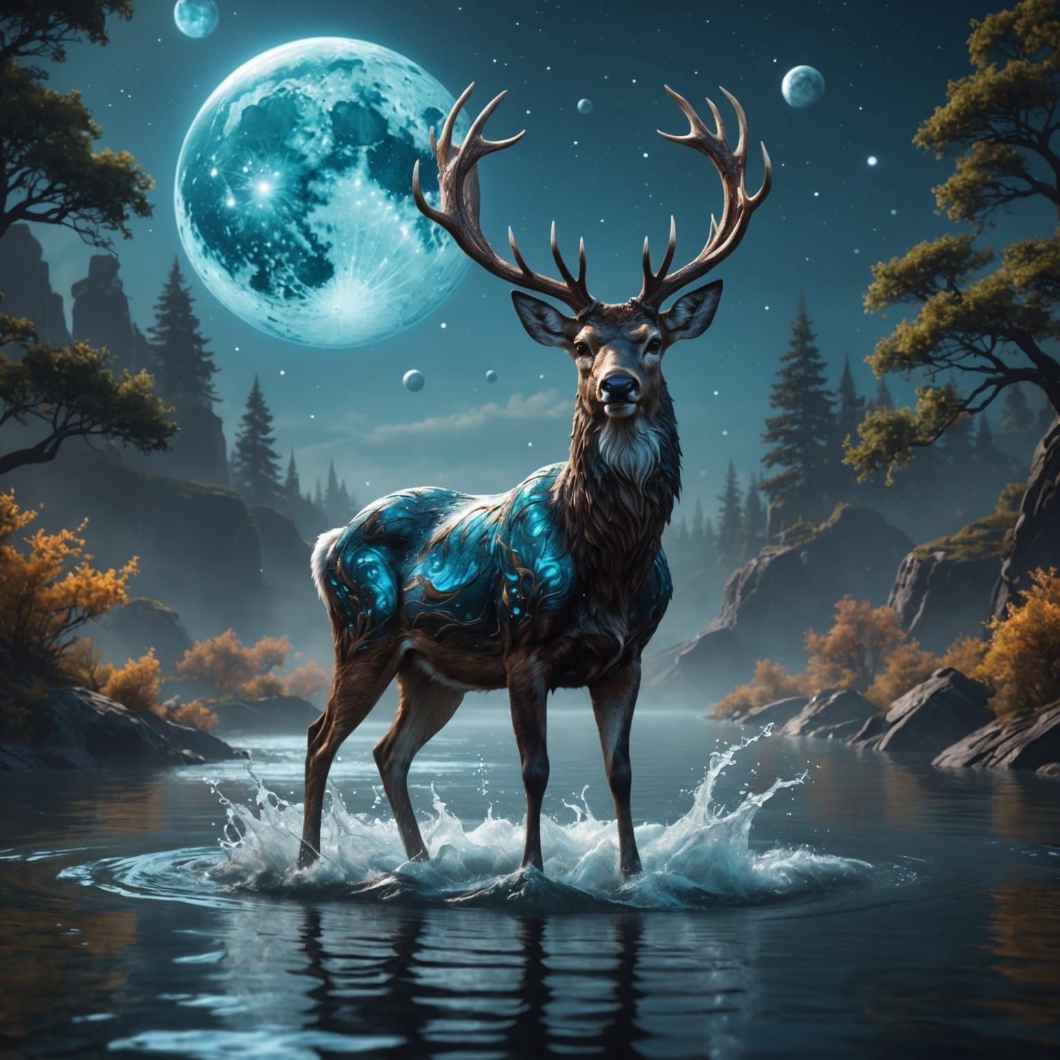 Majestic Galaxy Deer Rising from Water