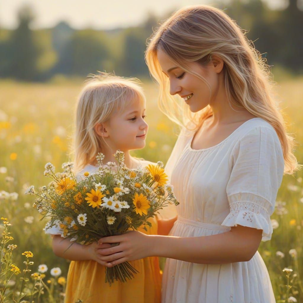 Child Offers Mother Wildflowers in a Sunlit Meadow