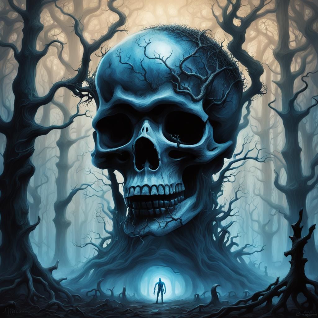 Mystical Skull in Dim Forest: Dark Fantasy Art