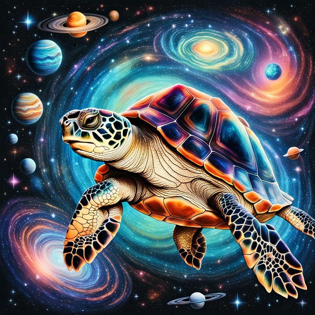 Astral Turtle's Cosmic Flight in Surreal Style