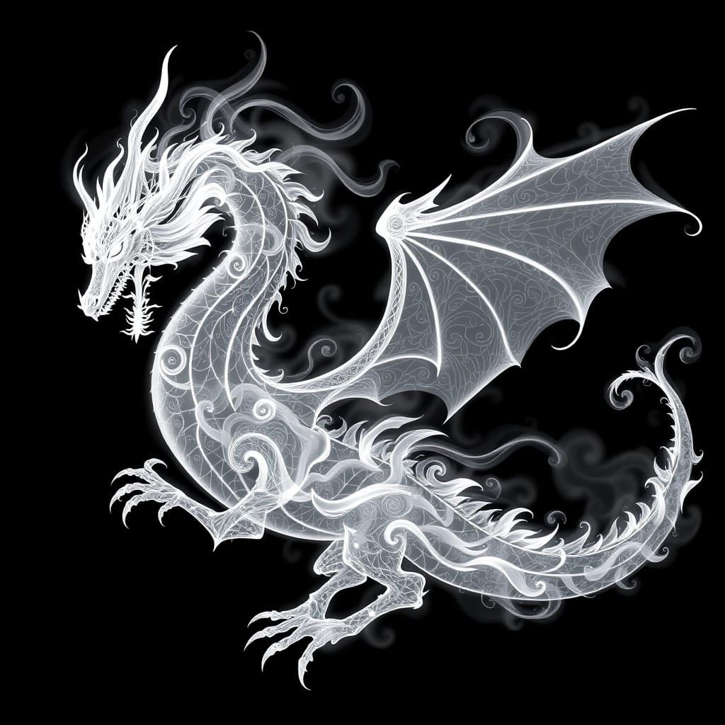 Ghostly White Dragon Silhouette in Abstract Fractal Style