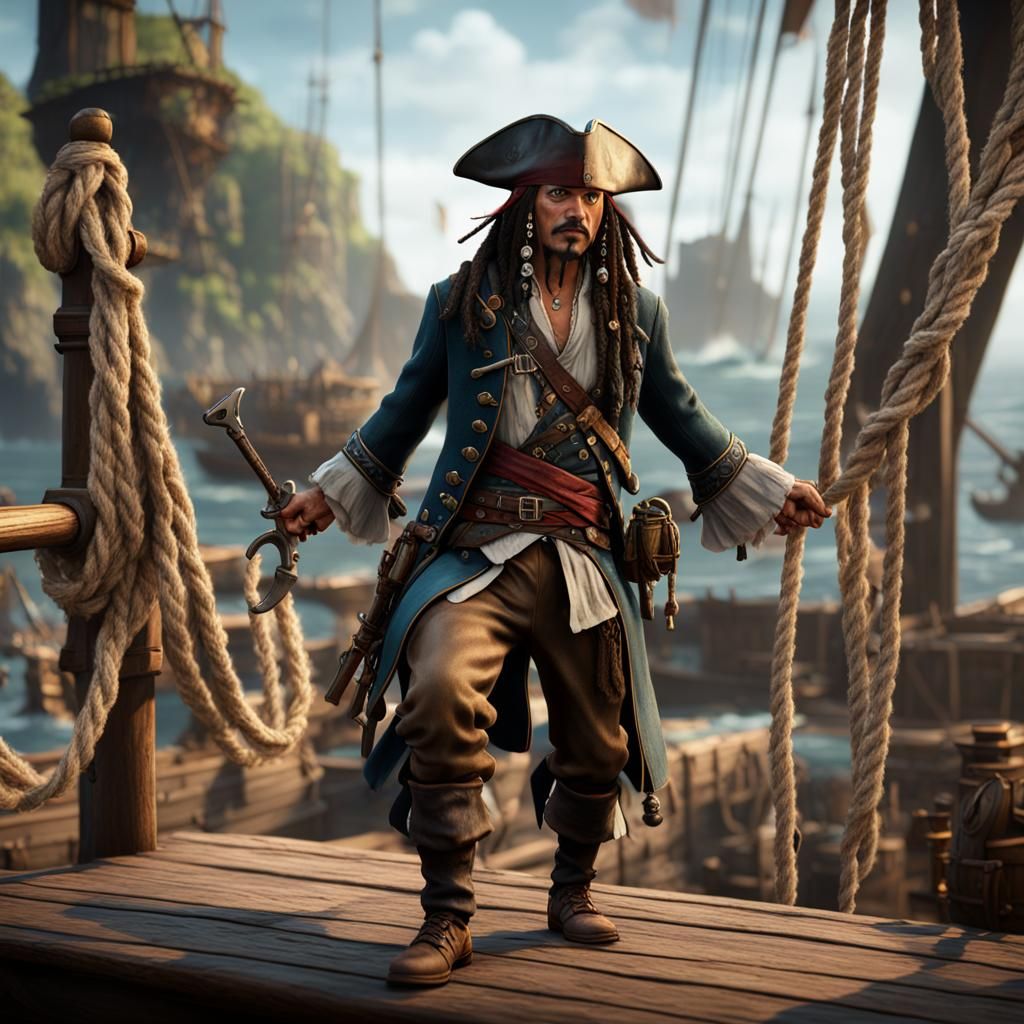 Captain Jack Sparrow Hanging on Rope: Detailed Matte Paintin...