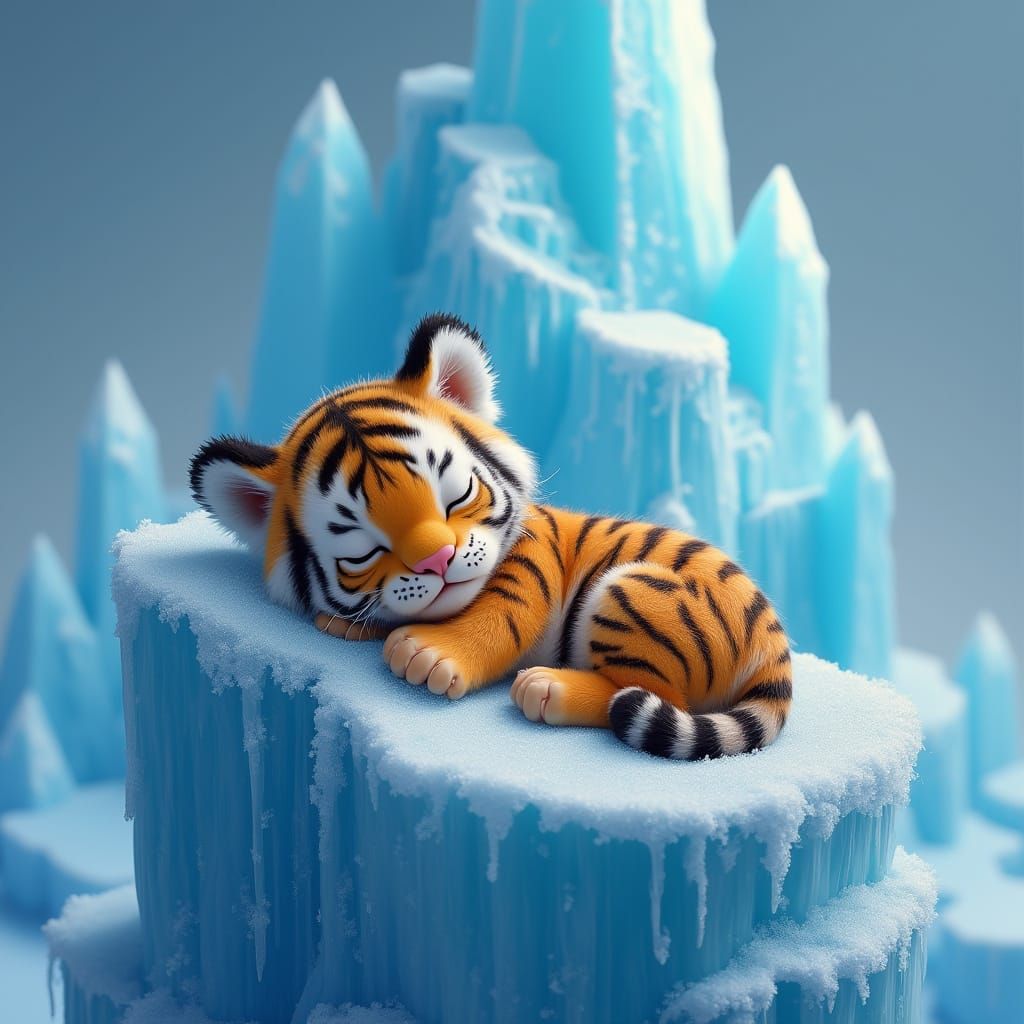 Sleeping Baby Tiger on Blue Crystal Mountain