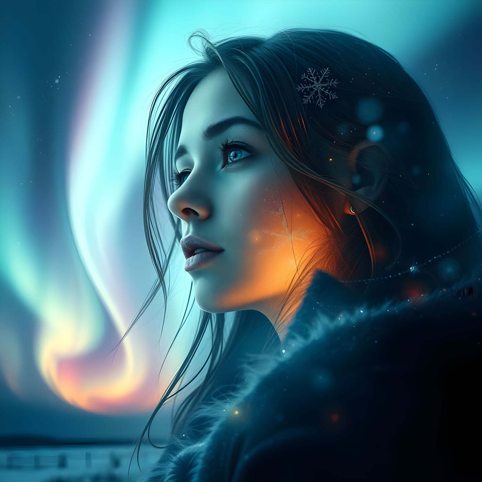 Woman Emerges from Shimmering Northern Lights
