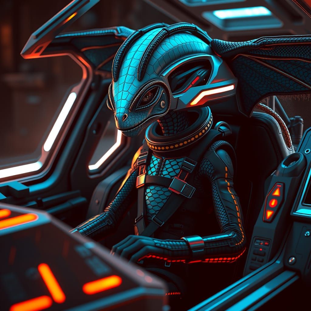 Blue-Green Alien Pilot in Cyberpunk Spaceship