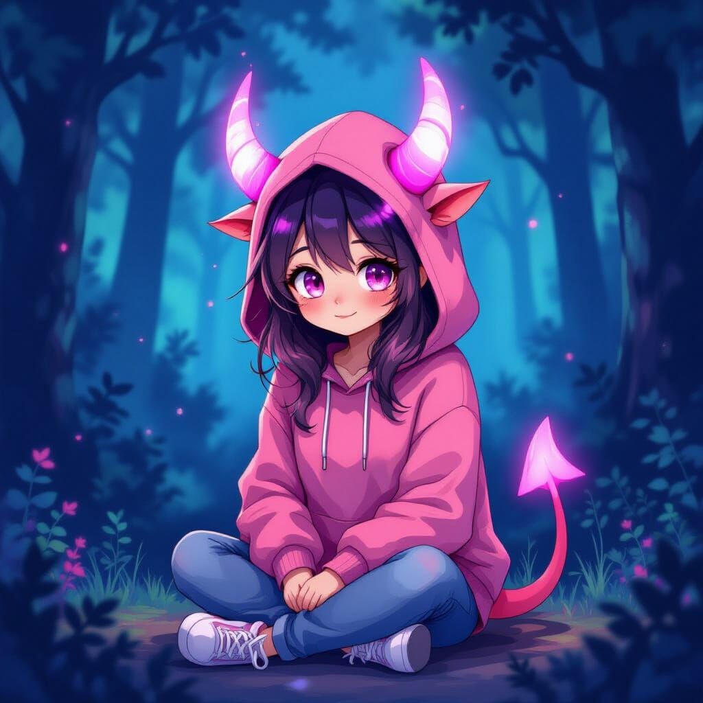 Shy Pastel Demon Girl in Mystical Forest