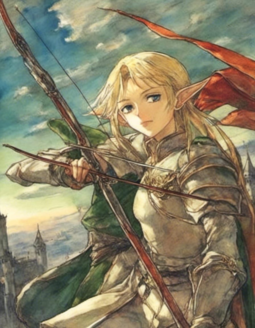 Elf Archer Aims at Orc in Burning Sky, Anime Style