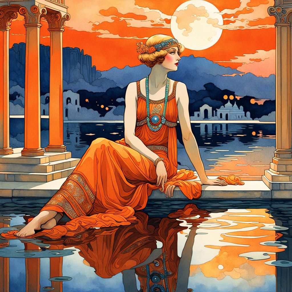 aristocratic blonde haired lady in style of Alphonse Mucha, ...