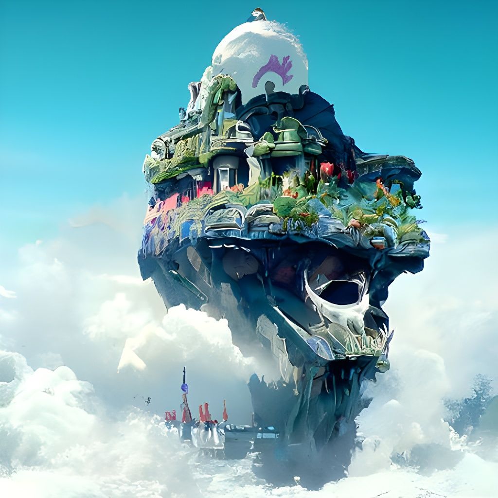 Floating Skull Island Castle in Ghibli Style