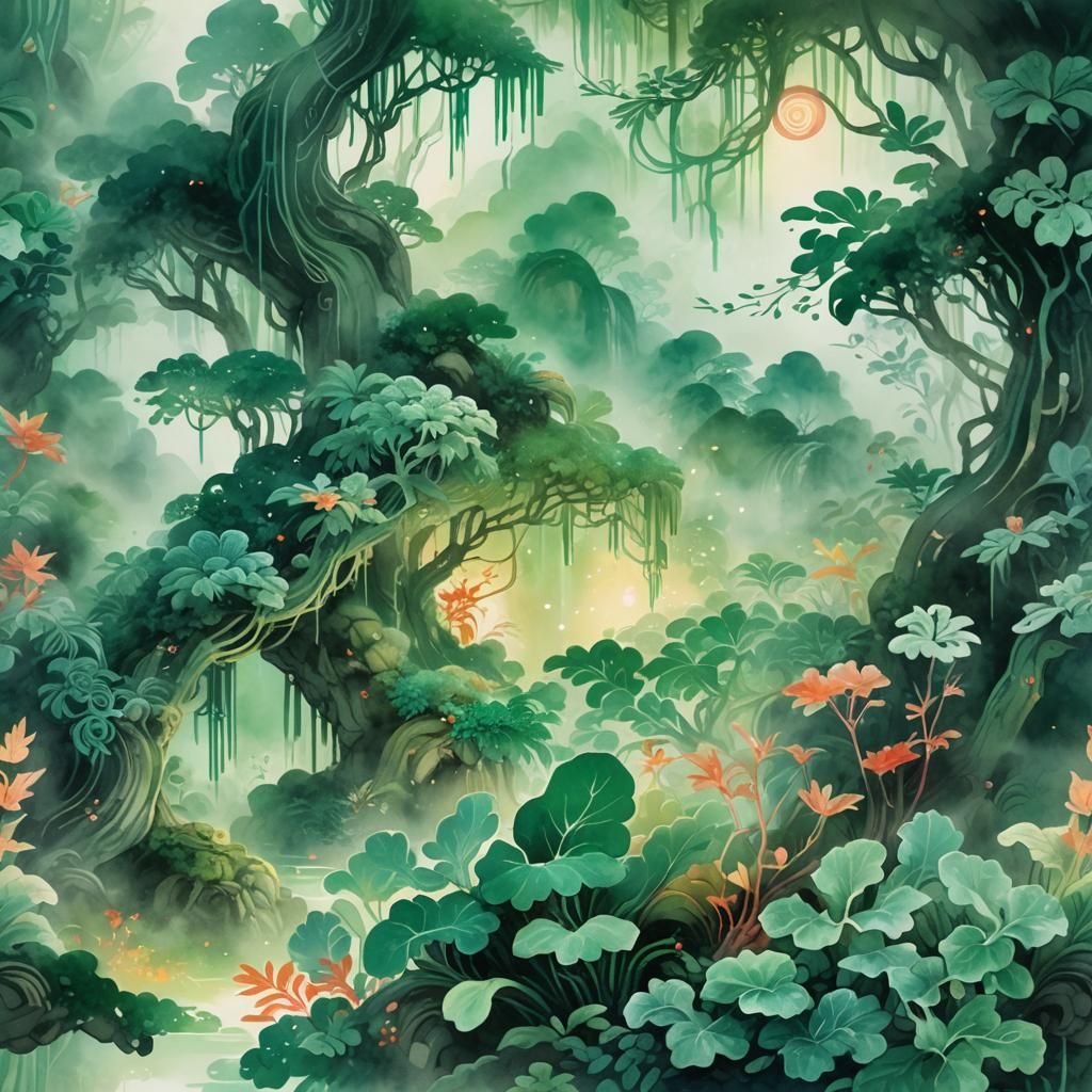 Deep within a misty jungle, surrounded by towering trees and...