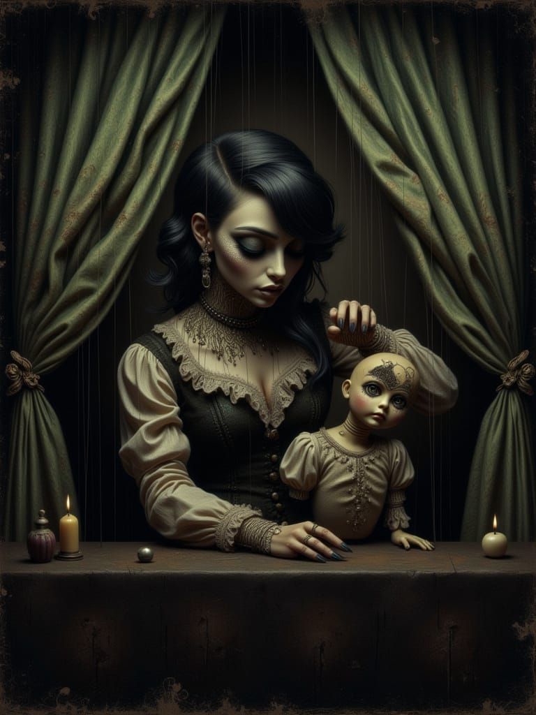 Eerie Oil Painting: Female Puppeteer and Distorted Doll