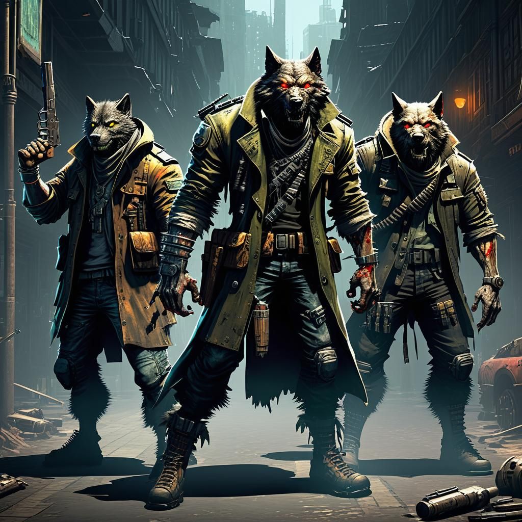 Biopunk Werewolf Mercenaries in Gritty Urban Scene