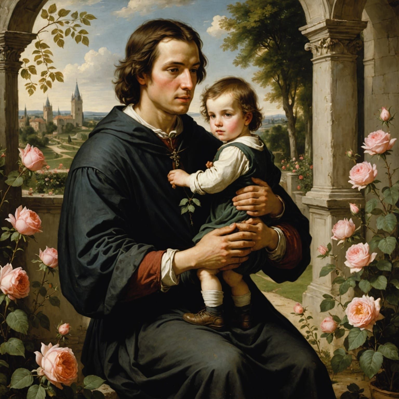 Medieval Father and Son in Rose Garden