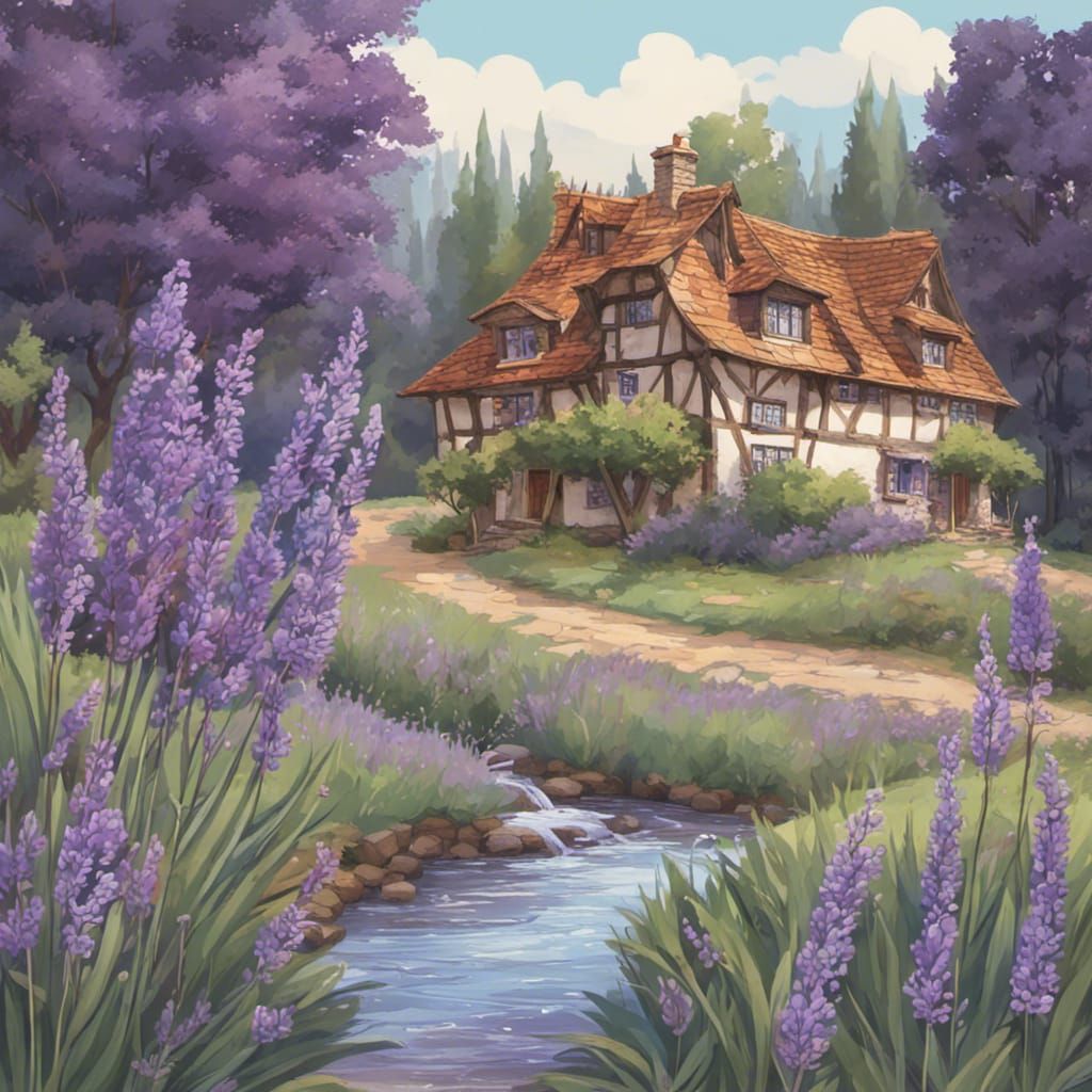 Medieval Cottage by Stream with Lavender