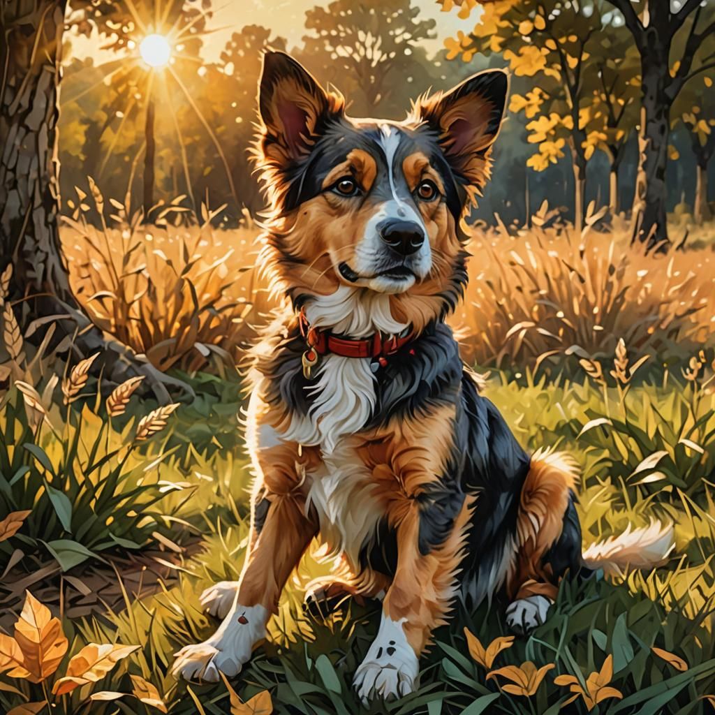 Playful Dog in Sunset Field: Digital Painting