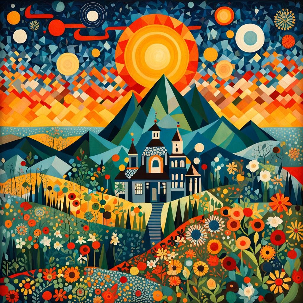 Folk Art with Isometric Abstract Elements