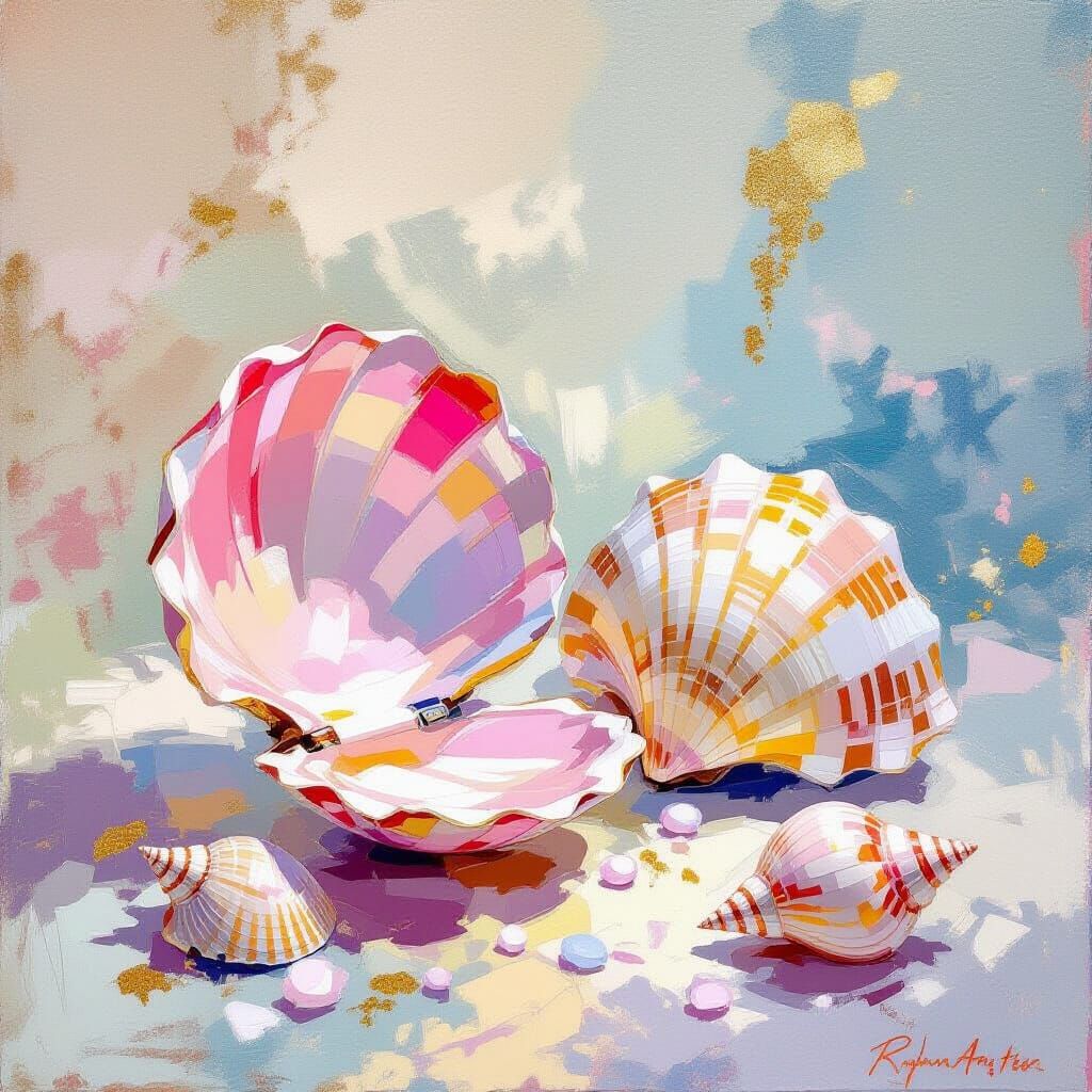 Impressionistic Seashells Painting in Pink, Blue and Gold