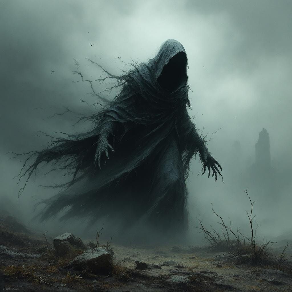 Spectral Figure Brings Life to Withered Landscape