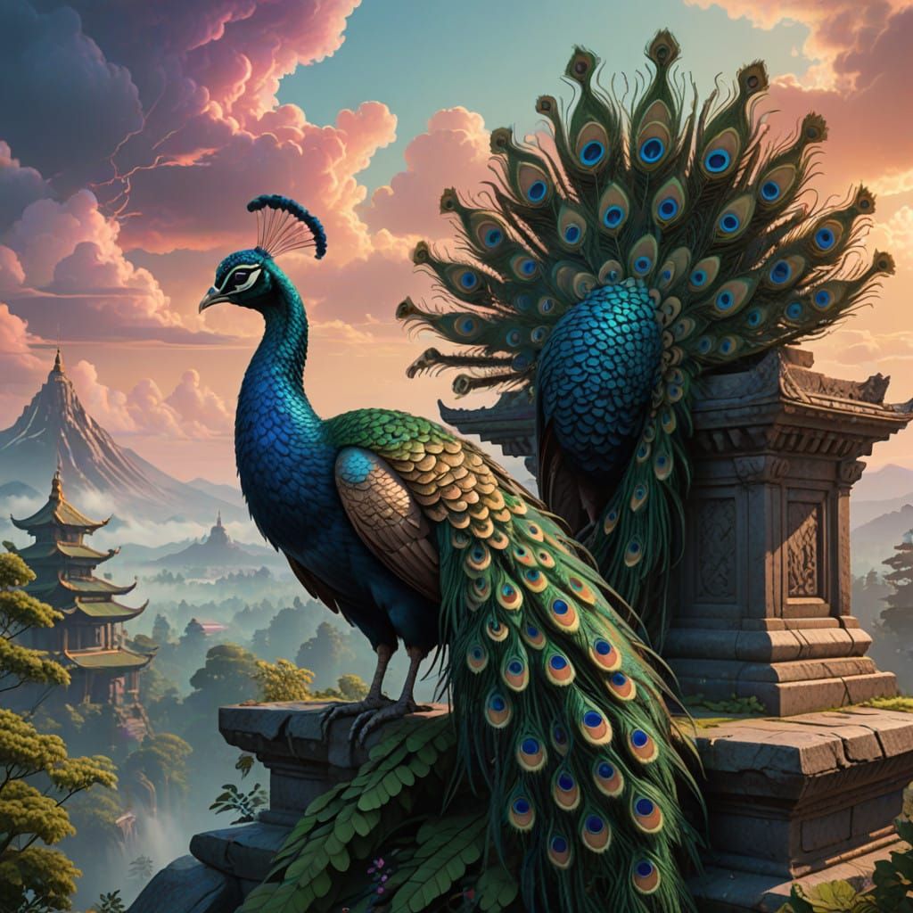Majestic Peacock Adorns Ancient Temple Amidst Golden Hour
