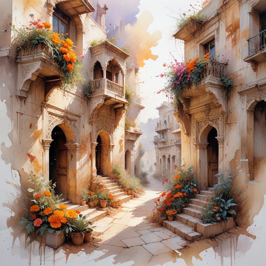 Rajasthani Desert Town at Dawn in Watercolor Style