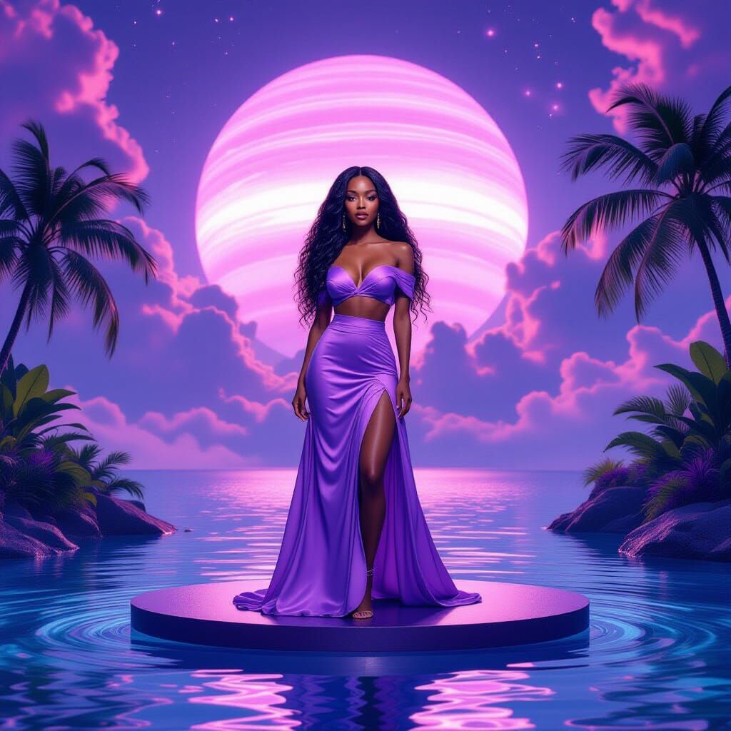 Radiant Woman on Floating Plateau in Nebula Sky