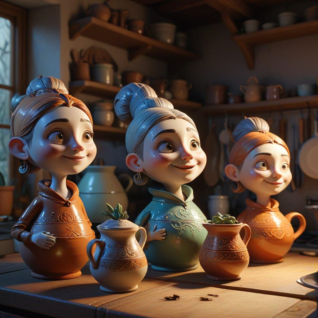 Anthropomorphic Pots Debating in a Kitchen, Fantasy Art
