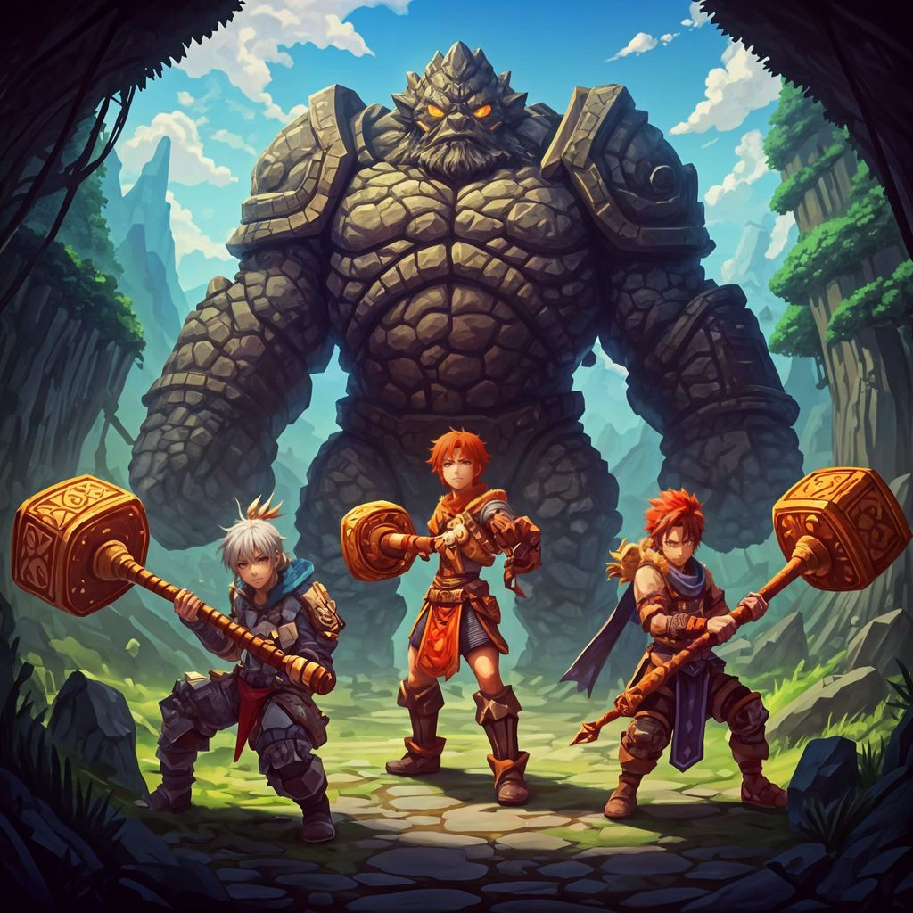 Anime Heroes Face Stone Giant with Hammers
