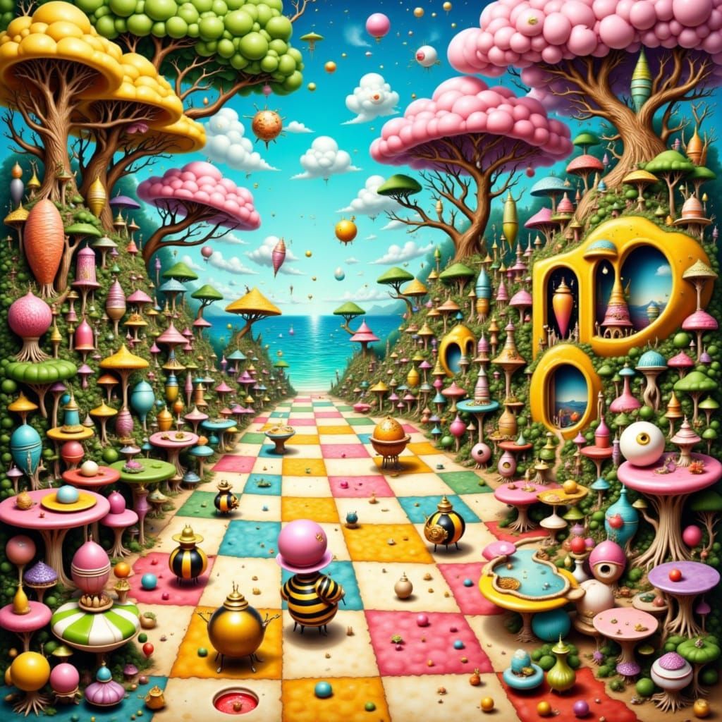 <lora:Surreal scenes:1.0> whimsical surreal seaside café where bees enjoy honey-flavored ice cream amidst a colorful, ca...