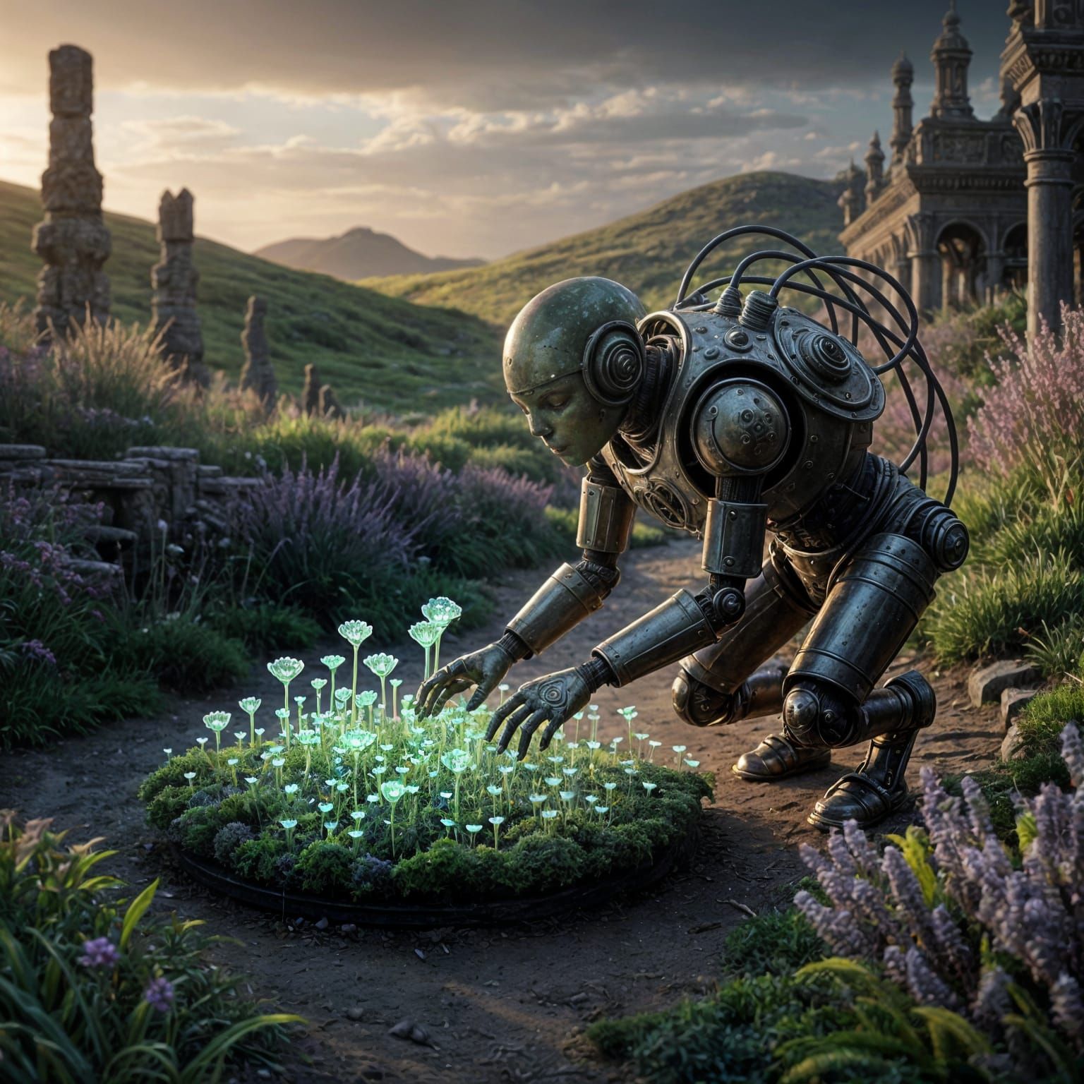 Ancient Automaton Tends Alien Garden in Steampunk Style