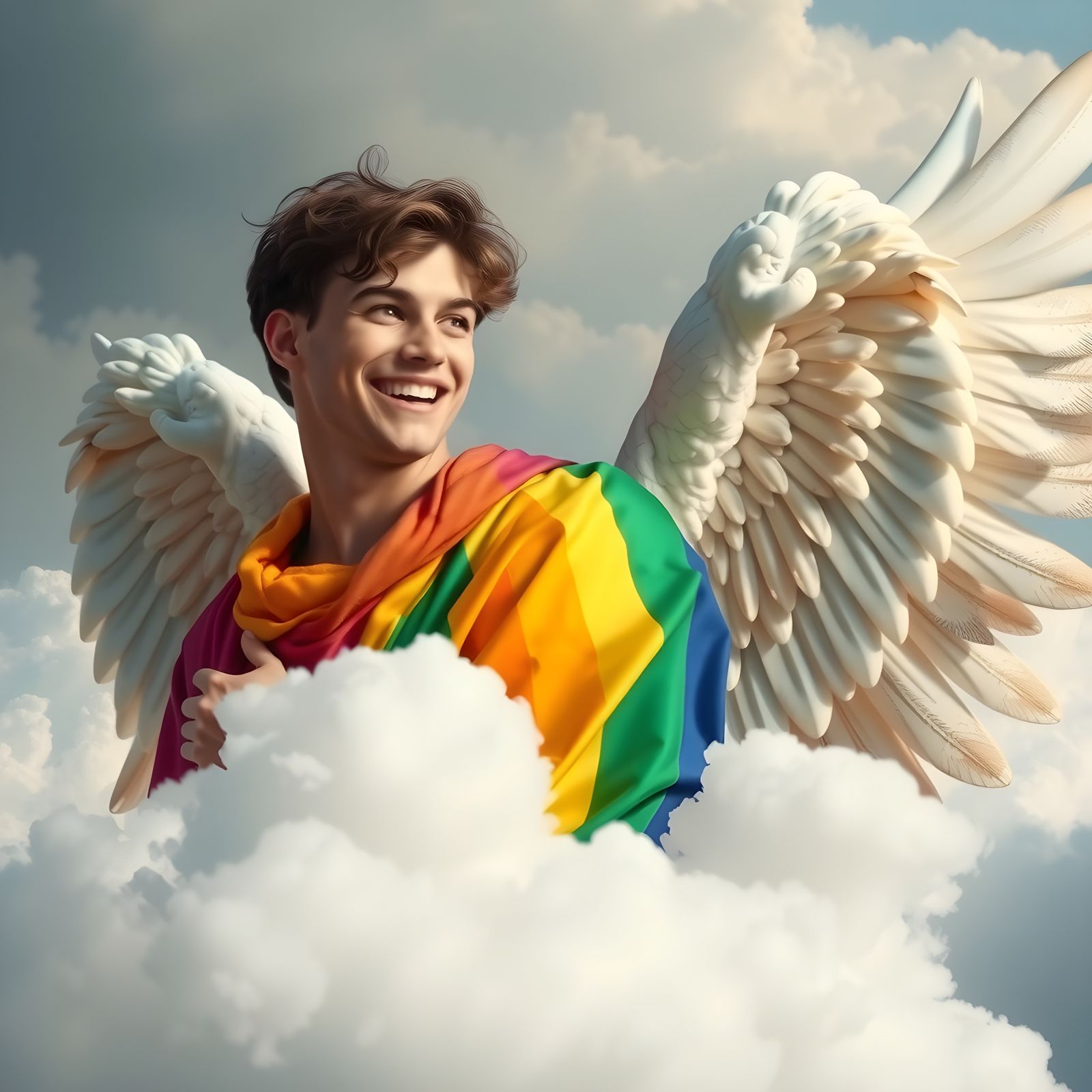 Rainbow Angel Embrace in Celestial Clouds