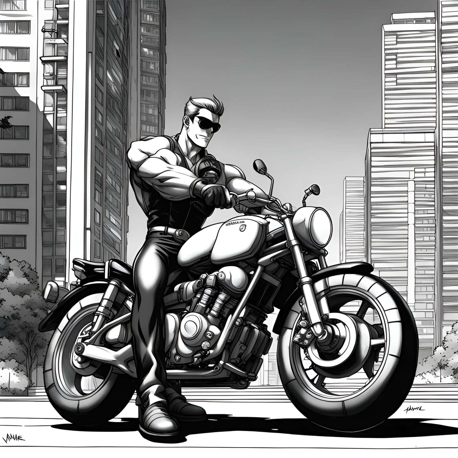 Tom of Finland Hunk on Motorbike, Low Angle