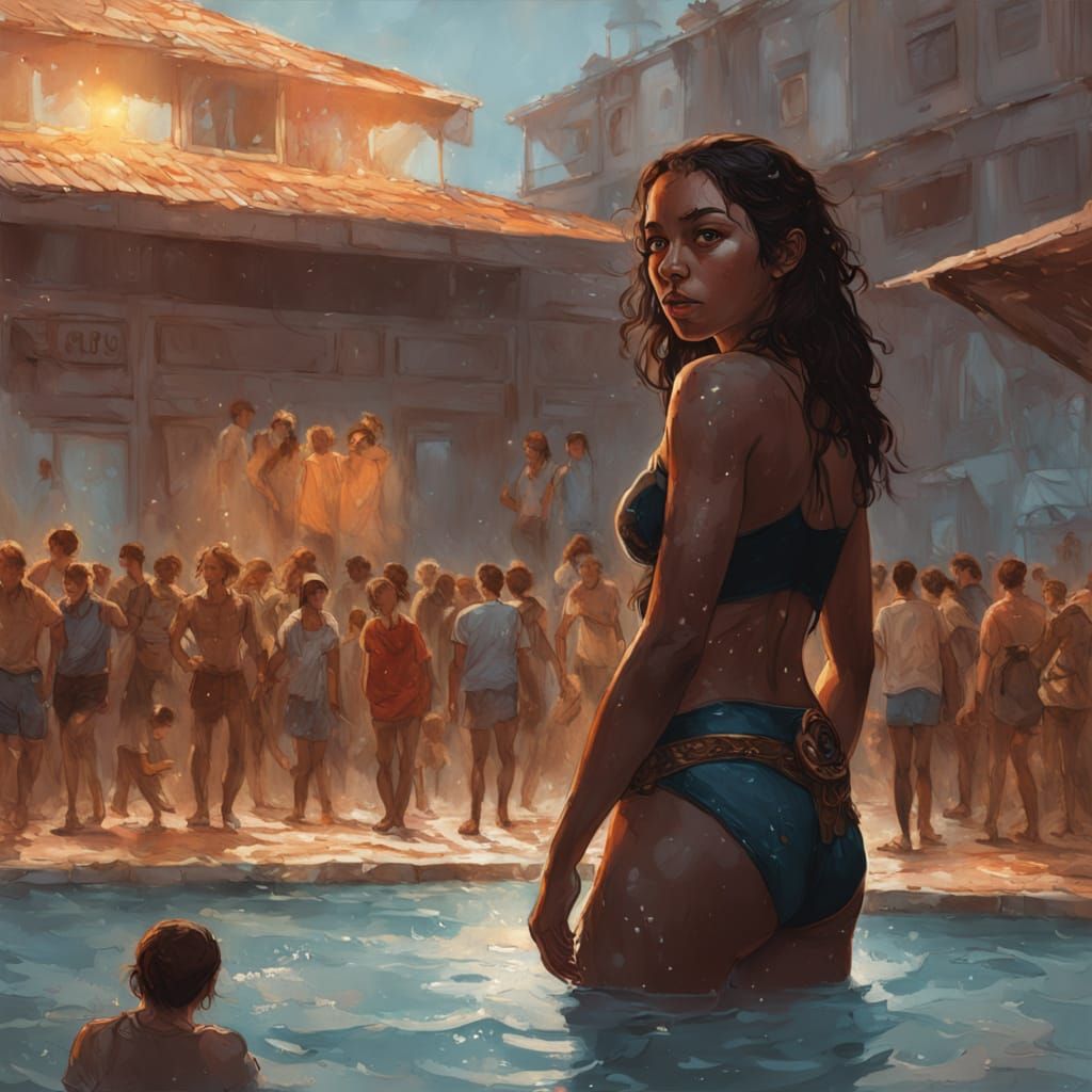 Woman Emerges From Pool in Golden Hour Light