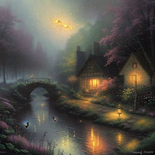Ethereal Firefly Fantasy Landscape in Kinkade Style