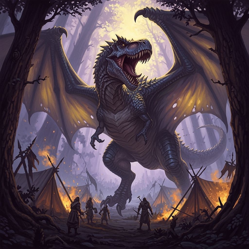 T-Rex Dragon Hybrid Attacks Forest Camp