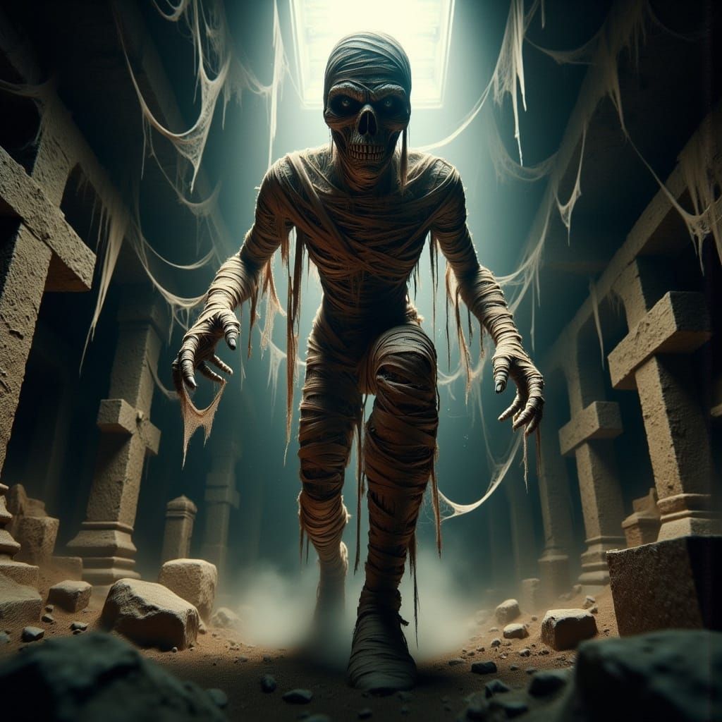 Egyptian Mummy Walks Through a Haunting Graveyard Scene