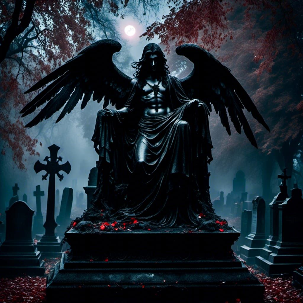 Spooky Cemetery with Angels in Moonlight