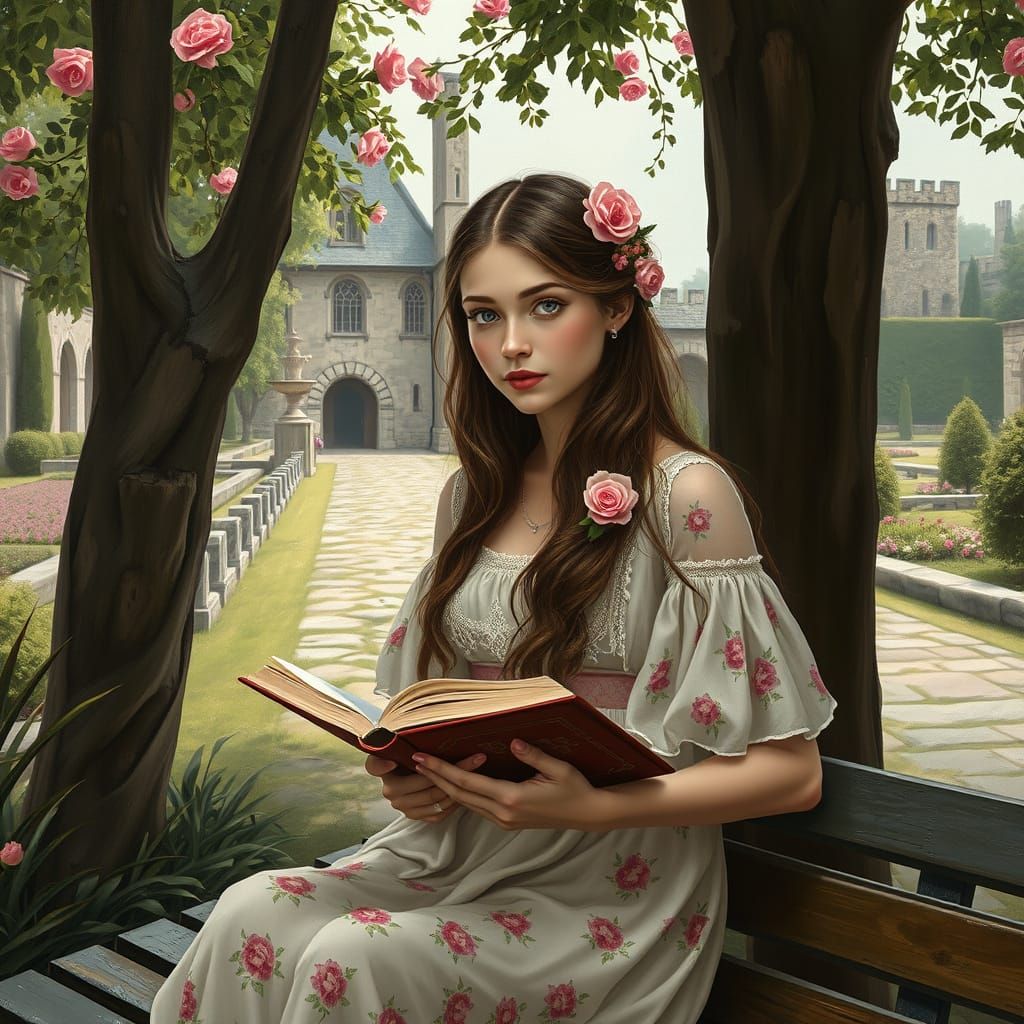 Woman in Medieval Garden as Acrylic Painting