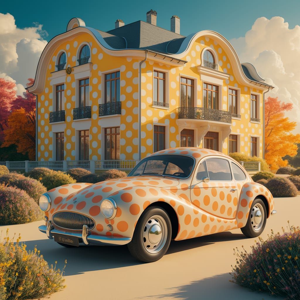 Polka Dot Car and House in Surreal Art Nouveau Style