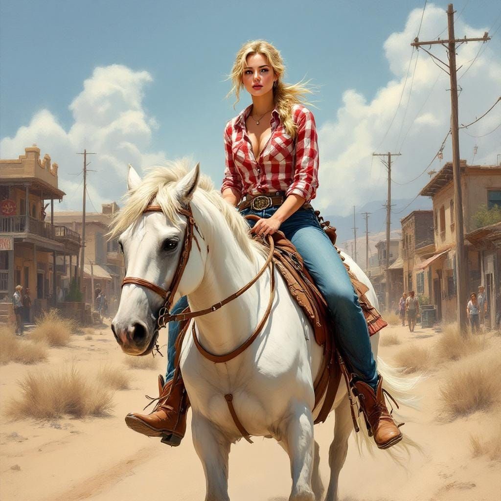 Cowgirl on White Horse in Retro Digital Art