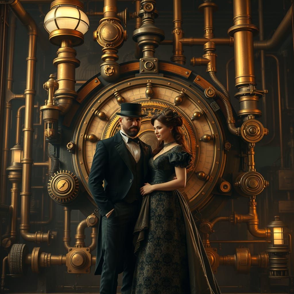 Victorian Steampunk Lovers Adorned with Intricate Brass Gear...