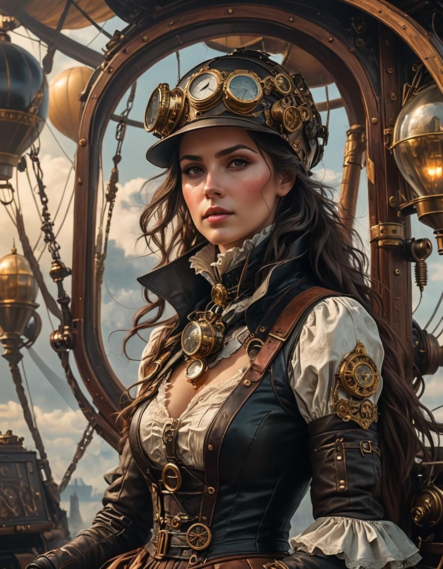 Steampunk Woman in Hot Air Balloon, Hyperrealism